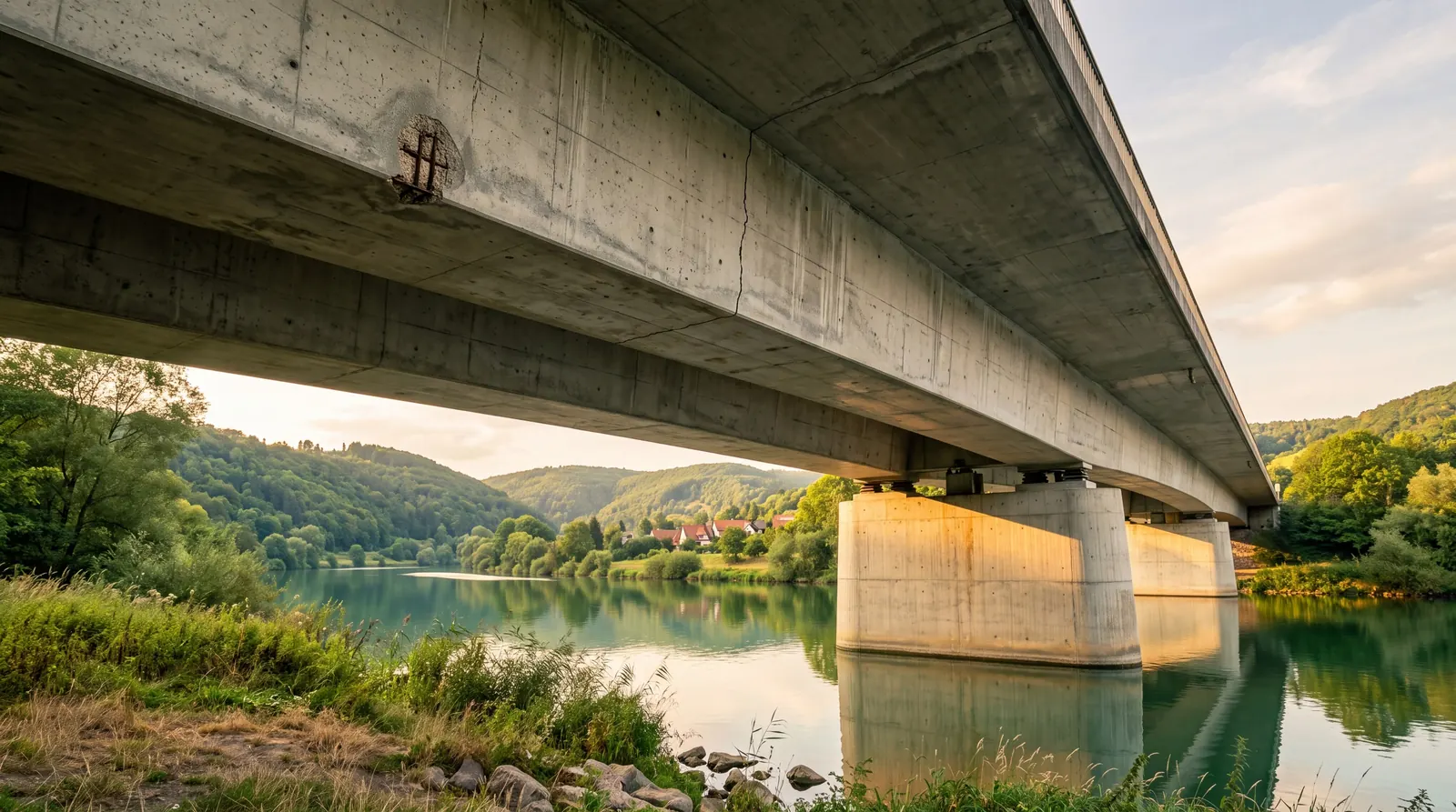 Unterseite einer Betonbrücke mit Pfeiler und Lagern über einem Fluss