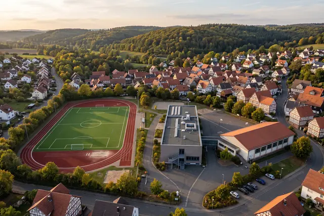 Illustratives Motiv: Schulgebäude mit Sporthalle und Sportplatz am Rand einer Kleinstadt in Mittelhessen aus der Luft
