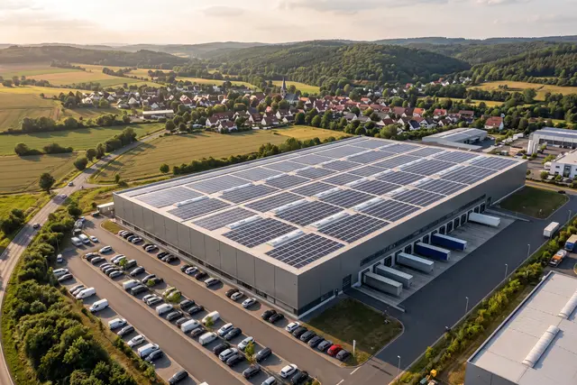 Illustratives Motiv: Gewerbehalle mit großer Photovoltaikanlage auf dem Flachdach in einem Gewerbegebiet aus der Luft