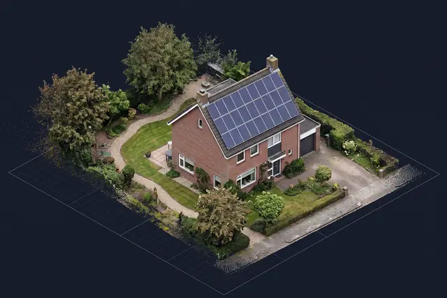 Illustratives Motiv: 3D-Punktwolke eines Wohnhauses mit Photovoltaikdach auf dunklem Hintergrund