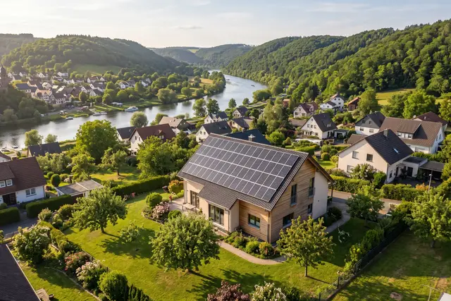 Illustratives Motiv: Einfamilienhaus mit Photovoltaikanlage auf dem Satteldach im Lahntal aus der Luft